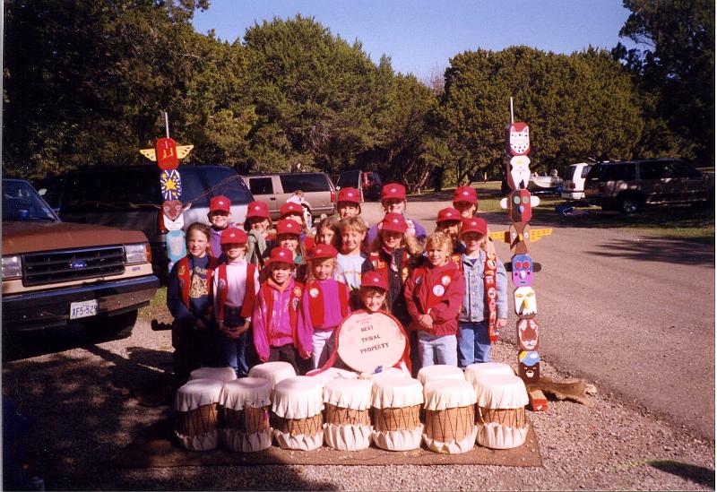 1997 - Indian Princess Fall Campout, Cleburne SP, TX - Stephanie & the tribe with our tribal property.jpg - 1997 - Indian Princess Fall Campout, Cleburne SP, TX - Stephanie & the tribe with our tribal property